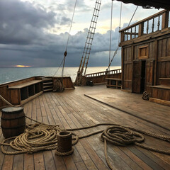 The weathered deck of an ancient sailing vessel, featuring neatly coiled ropes and wooden barrels, overlooks a tranquil ocean under a moody, cloud-filled sky.