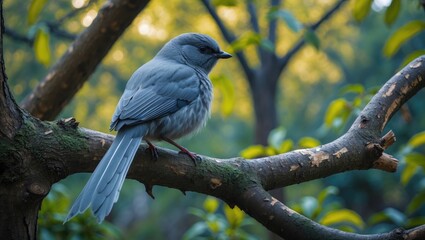 Fototapeta premium Grey Treepie Perched on a Branch in Forest Park Capturing the Beauty of Dendrocitta Formosae in Natural Habitat with Soft Background Light