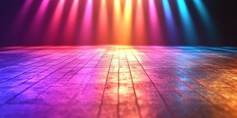 Vibrant Colorful Rays of Light Shining Down on a Glossy Floor Creating a Beautiful Background for Photos and Designs