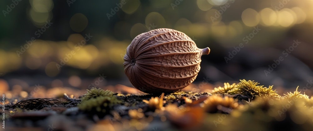 Poster pine nut resting on forest floor surrounded by moss with soft bokeh background creating a tranquil n