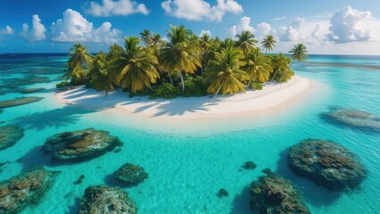 Fototapeta premium Aerial view of a secluded tropical island paradise with palm trees surrounded by crystal-clear turquoise waters and coral reefs.
