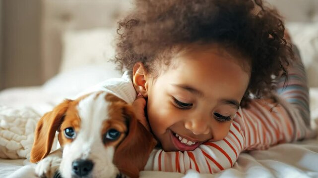 Little African American girl hugging her puppy tenderly and lying on bed in bright bedroom in morning. Child and pet friendship concept