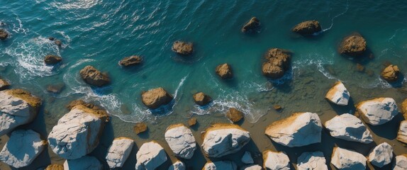Aerial View of Rocky Seashore and Blue Sea Waves on a Sunny Day with Clear Skies and Space for Text Overlay in Summer Season