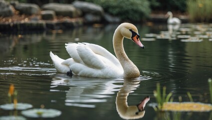 Fototapeta premium Elegant Mute Swan Gracefully Swimming in Serene Pond Surrounded by Lush Greenery and Lily Pads