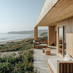 Wooden beach house patio overlooking serene ocean and coastline