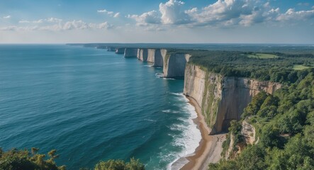 Aerial View of Majestic Cliffs Overlooking Tranquil Sea with Lush Green Park and Expansive Sky Ideal for Empty Text Space