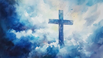 Cross in the Clouds, Watercolor, Christian Art, Spiritual, Religion, Faith, Hope