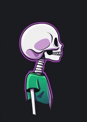 A cartoon skeleton is displayed in profile, wearing a simple green shirt. The background is dark, highlighting the playful design of the skeletal figure