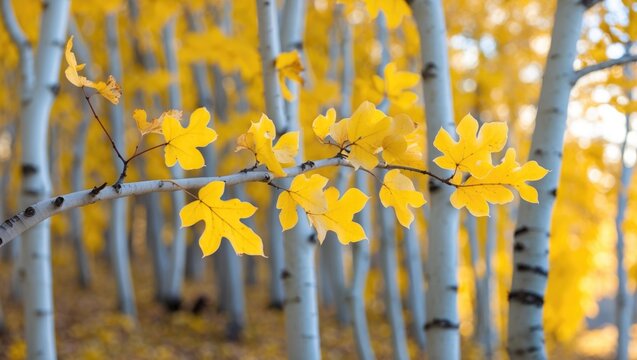 Vibrant aspen branch adorned with bright yellow leaves symbolizing autumn's beauty against a soft-focus background of trees.