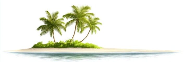 Obraz premium A small tropical island features several tall palm trees surrounded by lush greenery and calm, clear waters. The soft sandy shore invites relaxation under the sun