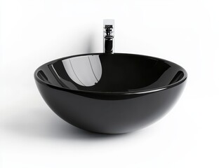 Modern black glass vessel sink with chrome faucet. (1)