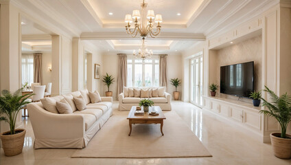 This image depicts a luxurious living room with cream-colored furniture and a coffee table, all arranged on a large beige rug.	
