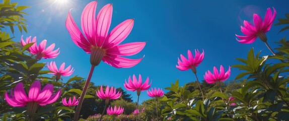 Fototapeta premium Vibrant pink cleome flowers basking in sunlight against a clear blue sky in Hokkaido Japan, showcasing natural beauty and floral elegance.