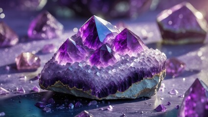 Fototapeta premium Stunning amethyst crystal cluster showcasing vibrant purple hues and unique formations on a sparkling surface for mineral collection or decor.