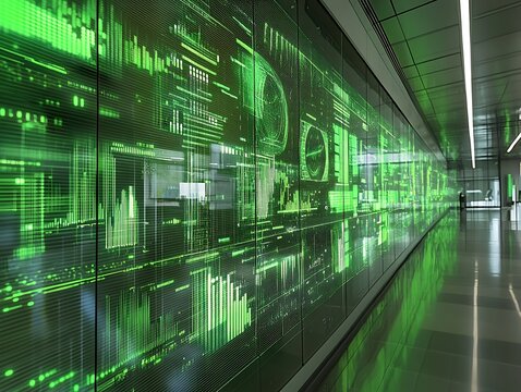 Futuristic Green Data Wall in Airport Tunnel
