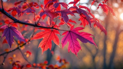 Vibrant red and purple autumn leaves on a branch illuminated by warm sunlight highlighting nature's seasonal beauty.