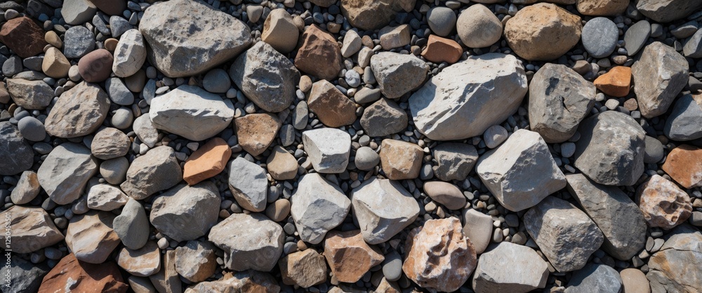 Canvas Prints Close-up view of a diverse rocky surface featuring variously sized stones and pebbles in an array of natural colors and textures.