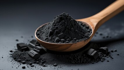 Activated charcoal powder in wooden spoon showcasing texture and depth against a dark background for health and wellness concepts.