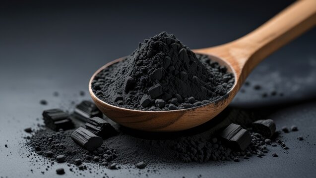Activated charcoal powder in wooden spoon showcasing texture and depth against a dark background for health and wellness concepts.