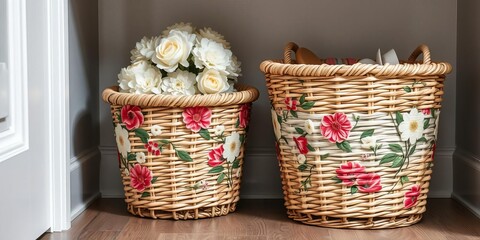 A stylish decorative storage basket with a floral design and sturdy handles perfect for organizing household items while adding elegance to any room, organization, design