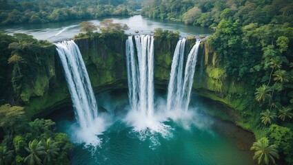 Fototapeta premium Majestic Aerial View of Stunning Waterfalls Surrounded by Lush Greenery and Serene River in a Panoramic Landscape