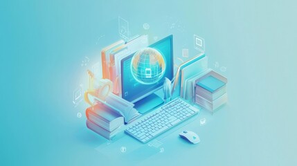 Global online education books, computer, and world map