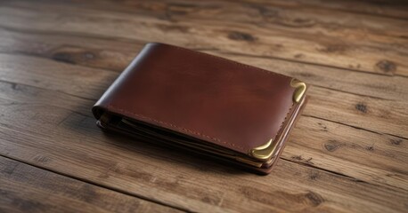 Dark brown leather wallet with gold trim resting on a reclaimed wooden table , leather, workspace