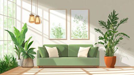 Eco living room with green houseplants