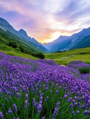 Fototapeta premium Lavender Field in Mountain Valley Sunset - Serene sunset view of a vast lavender field nestled in a picturesque mountain valley.