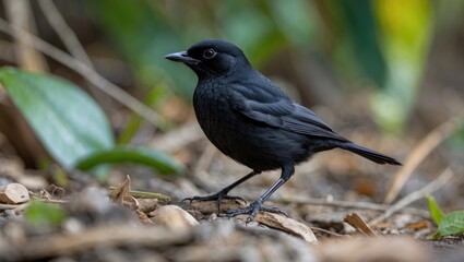 Fototapeta premium Black bird perched on ground amidst foliage in tropical environment, showcasing detail and natural habitat in Cuba.