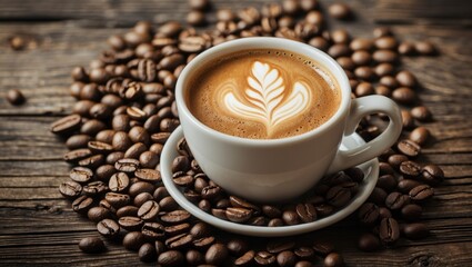 Cup of coffee with latte art surrounded by coffee beans on a rustic wooden surface ideal for coffee shop or cafe themes