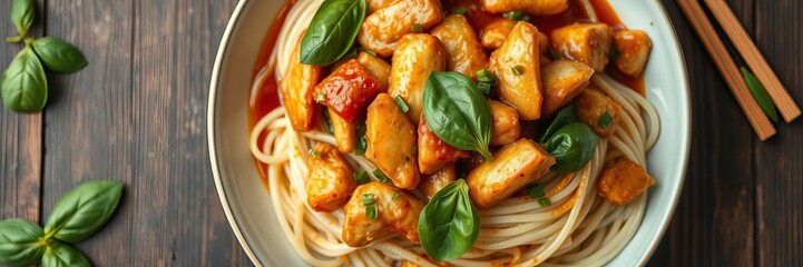 Close up vertical top view of a plate of wide rice noodles stir fry with chicken, fresh basil, and spicy sweet tangy sauce, chicken, plate
