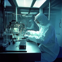 Cleanroom Technician Working on Microchips