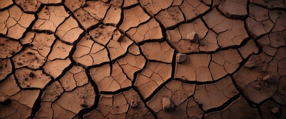 Cracked dry earth texture background showcasing brown patterns and soil erosion ideal for environmental or agricultural themes