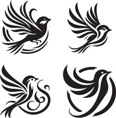 Elegant flying bird tattoo design in black and white with artistic tribal style elements for logos and decorations