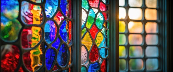 Colorful stained glass window with intricate designs and sunlight casting vibrant reflections, creating a warm and inviting atmosphere.