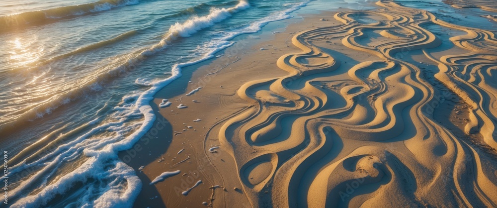Wall mural intricate sand patterns formed by the tide creating a tranquil coastal scene at sunset highlighting 