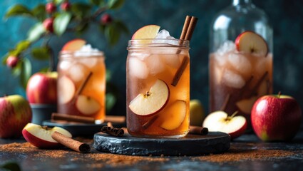 Refreshing Apple Cinnamon Kombucha Cocktail with Ice and Cinnamon Sticks on Dark Background Ideal for Autumn and Seasonal Promotions
