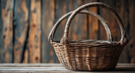 Woven Wicker Basket on Rustic Wooden Surface with Focus on Texture and Space for Custom Text or Design Elements.