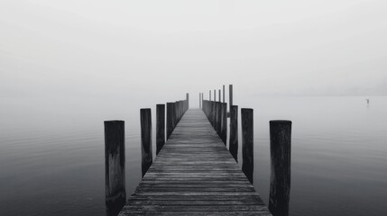 Obraz premium Foggy lake pier, calm water, misty background, peaceful solitude
