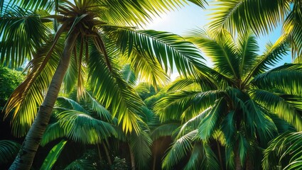 Lush green palm tree leaves under sunny skies in a vibrant jungle setting ideal for summer-themed designs and creative projects.