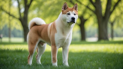 American Akita Standing Proudly in Lush Green Grass with Bright Trees in Background, Capturing a Vibrant Outdoor Scene