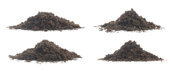 set pile peat moss soil isolated on a white background. texture dirt in flowerpots for tree flower....