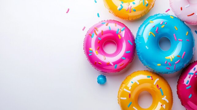 A collection of vibrant inflatable donuts in pink, blue, and yellow hues sits against a pristine white backdrop. These playful floats evoke a sense of joy and leisure, perfect for summer gatherings