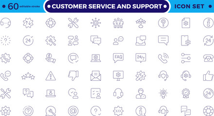 Customer Service and Support - Outline Icon Collection. Thin-line modern style of customer service icons: feedback, technical support, assistance, information, and more.  Editable stroke outline icon
