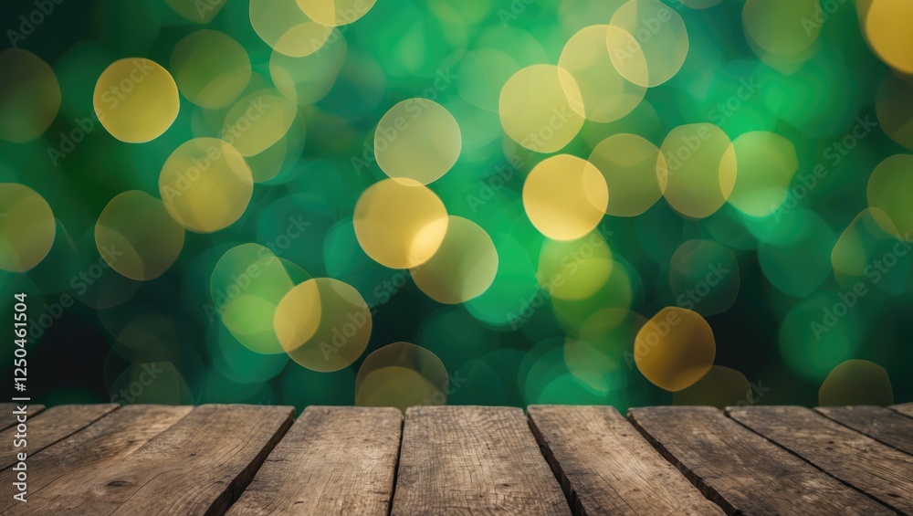Poster blurred green abstract background with bokeh effect and wooden surface for display or product presen