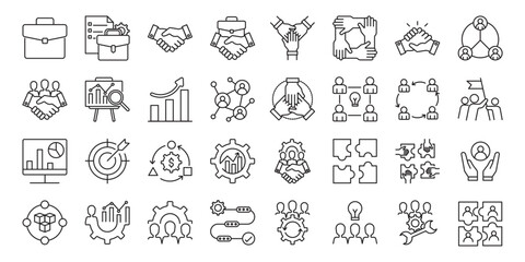 Collaboration set of web icons in line style. collaboration, teamwork, partnership, synergy, cooperation, unity, connection and communication. Vector illustration