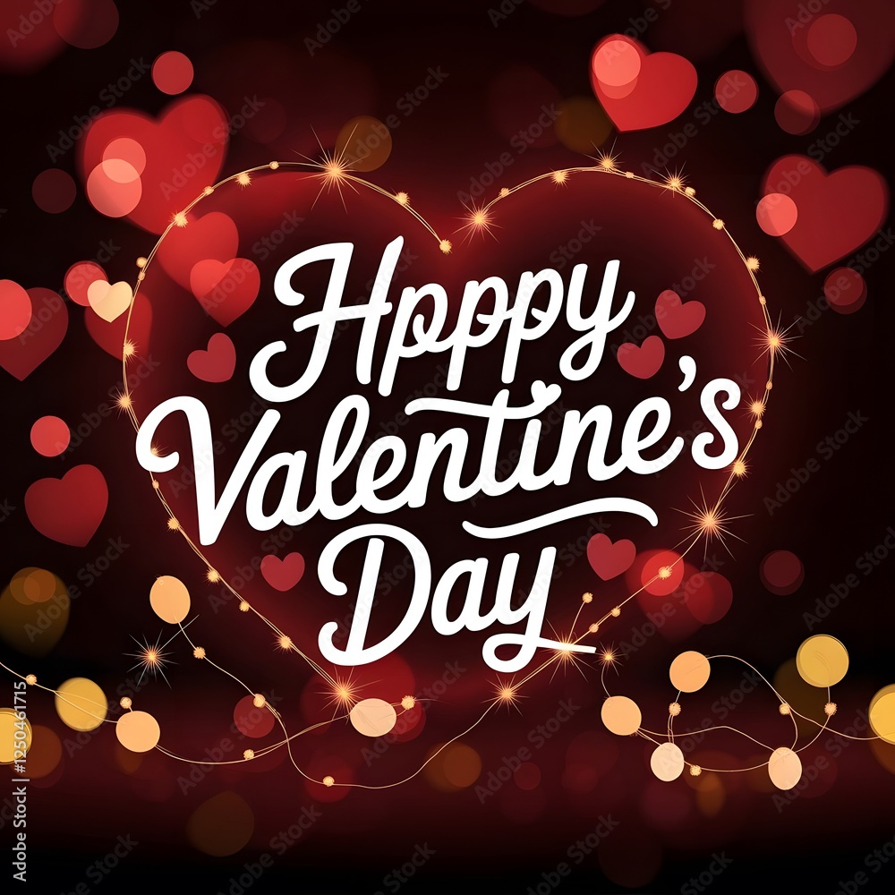 Fototapete valentine's day greeting card, large red heart shape, white cursive text, glowing string lights, bok