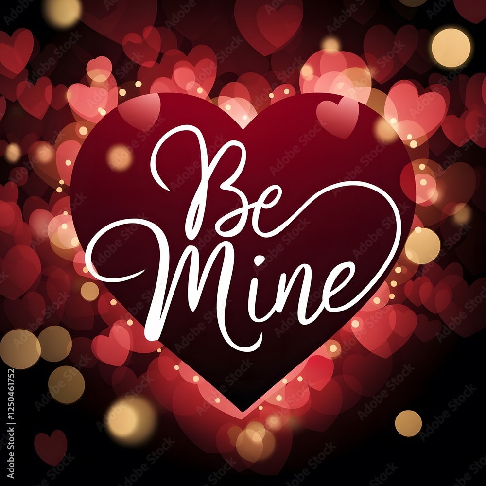 Fototapete valentine's day greeting card, large red heart shape, white cursive text, glowing string lights, bok