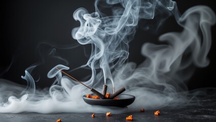 Smoke from incense on a black background creating an abstract texture, perfect for Halloween themes and aromatherapy concepts.